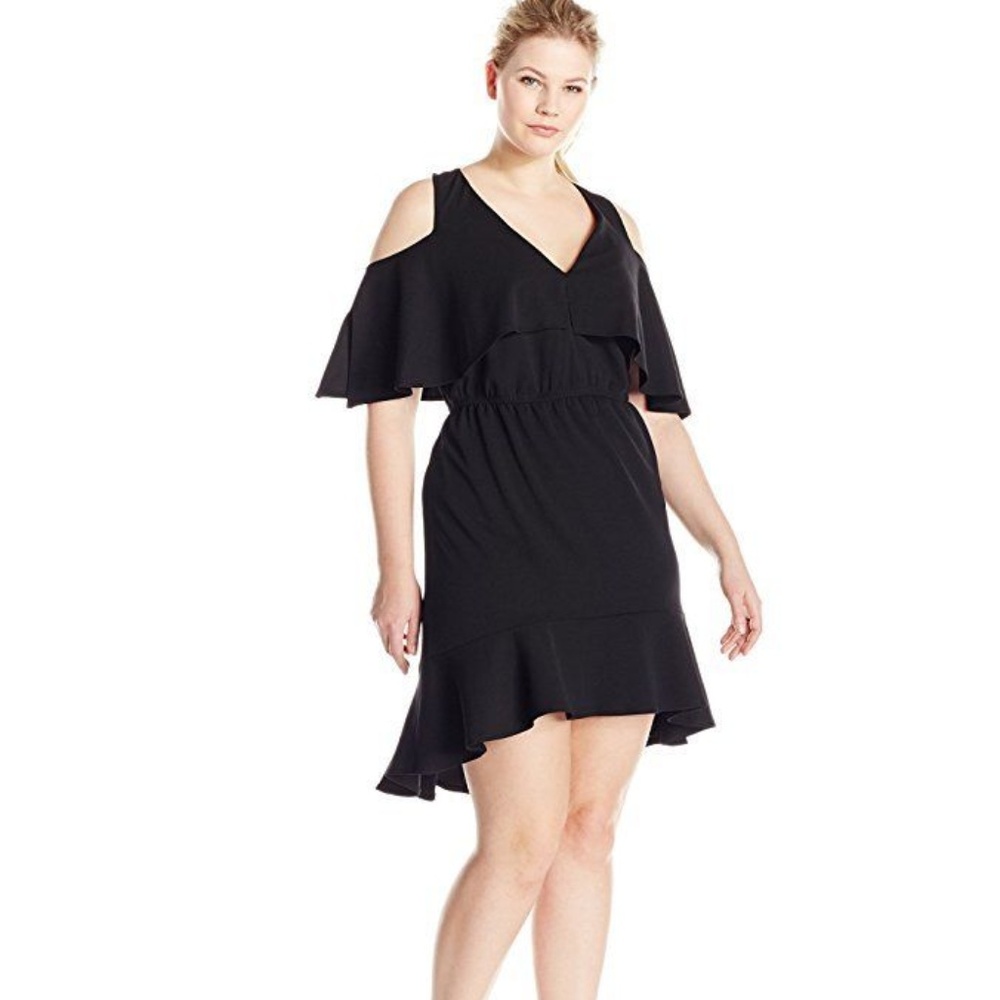 ABS Women's‎ Cocktail Black Dress Size 2X Flutter Sleeve High Low Cut-Out Ruffle